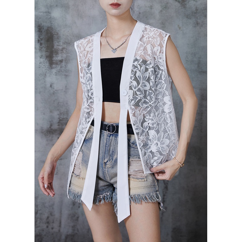 Style White Asymmetrical Hollow Out Lace Tops Sleeveless