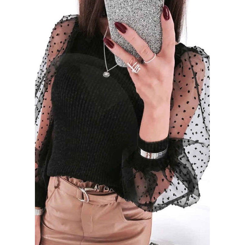 Stylish Black O-Neck Tulle Patchwork Knit Shirt Puff Sleeve