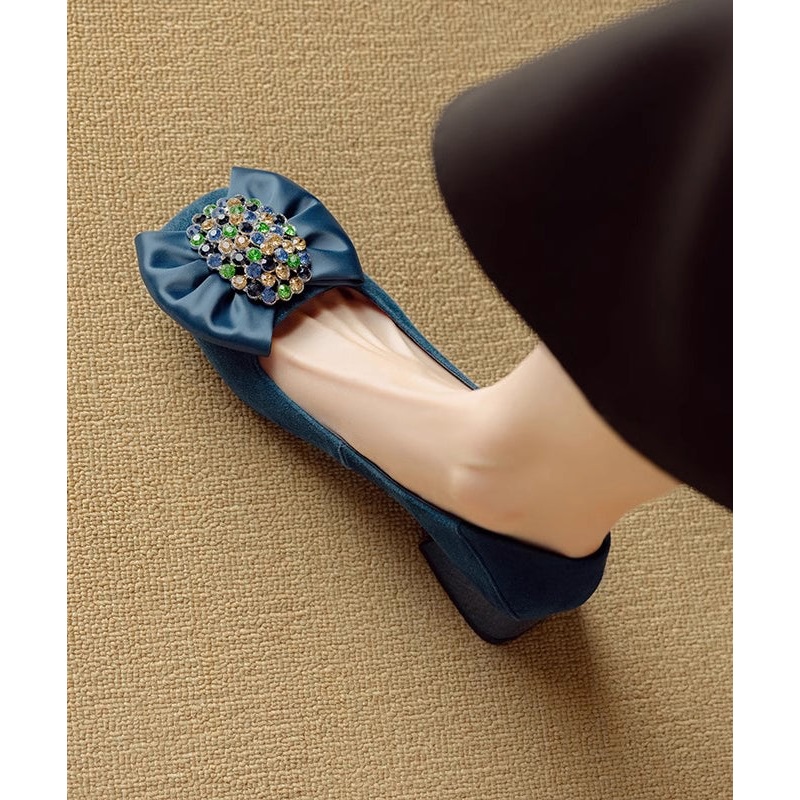 Stylish Bow Zircon Splicing Chunky Penny Loafers Blue Suede