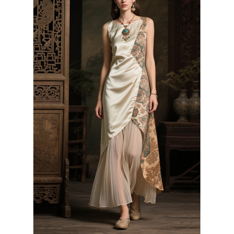 Stylish Champagne Asymmetrical Patchwork Tulle Silk Long Dress Sleeveless