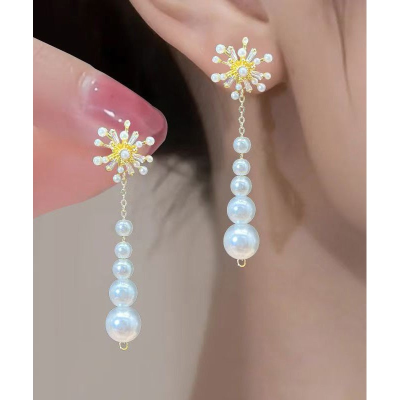 Stylish Gold Alloy Zircon Pearl Fireworks Tassel Drop Earrings
