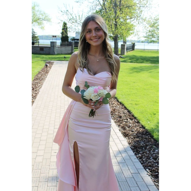 Sweetheart Pink Mermaid Satin Long Prom Dress Slit Evening Dress J5195