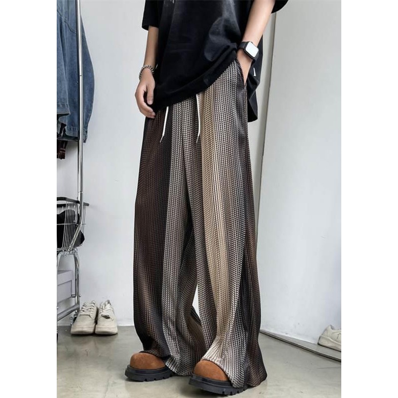 Unique Brown Elastic Waist Patchwork Ice Silk Men Wide Leg Pants Summer