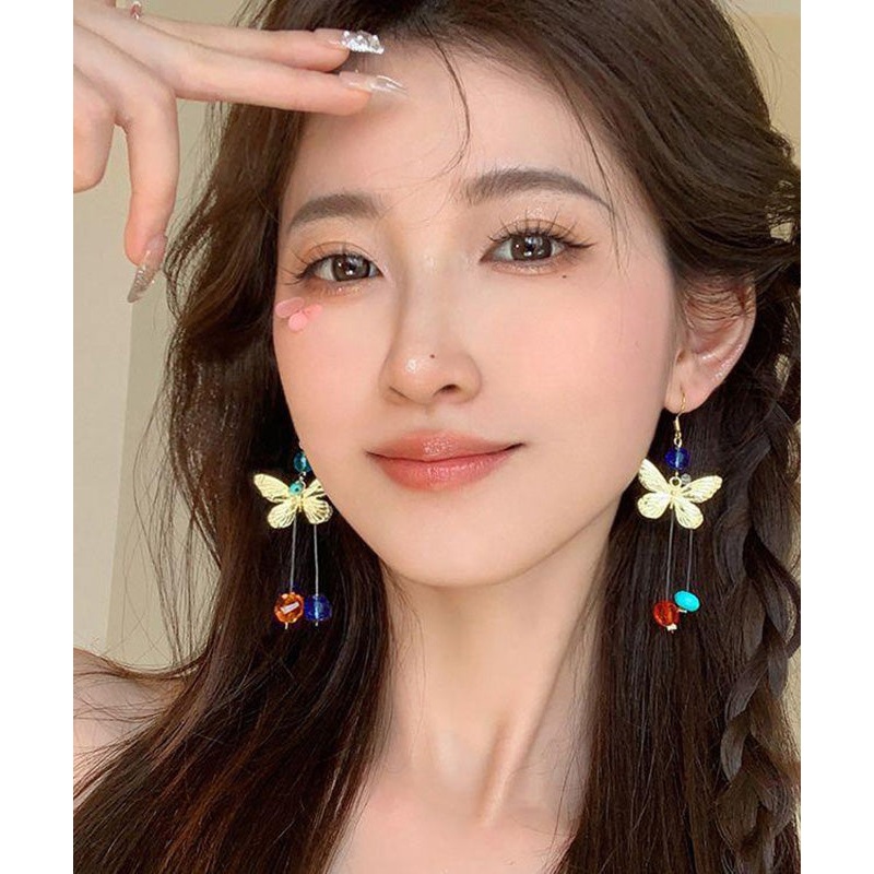 Unique Rainbow Alloy Crystal Butterfly Asymmetrical Drop Earrings