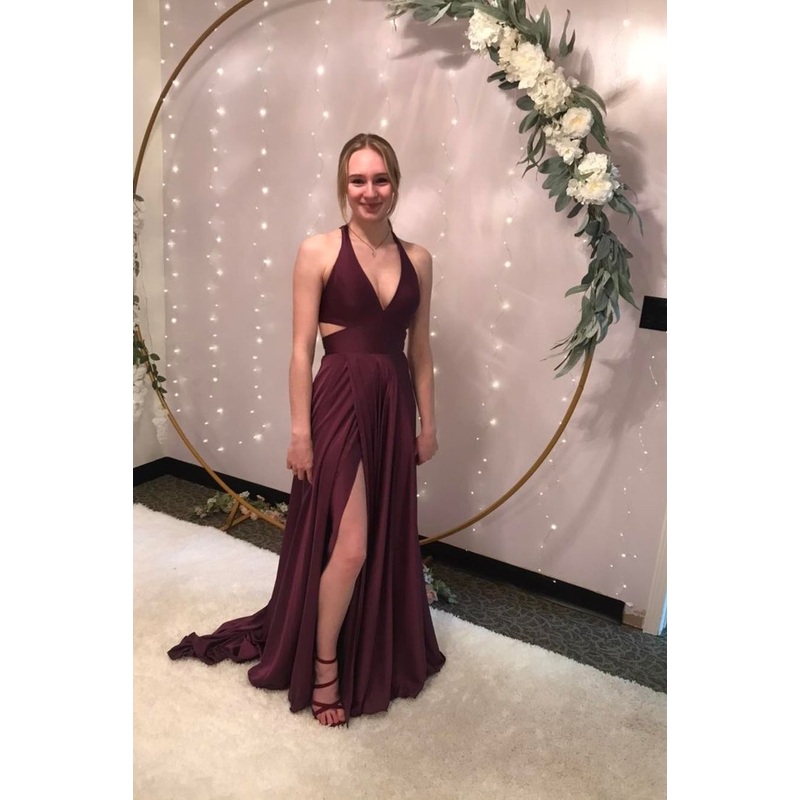 V Neck A Line Burgundy Long Prom Dress Slit Birthday Dress J3704