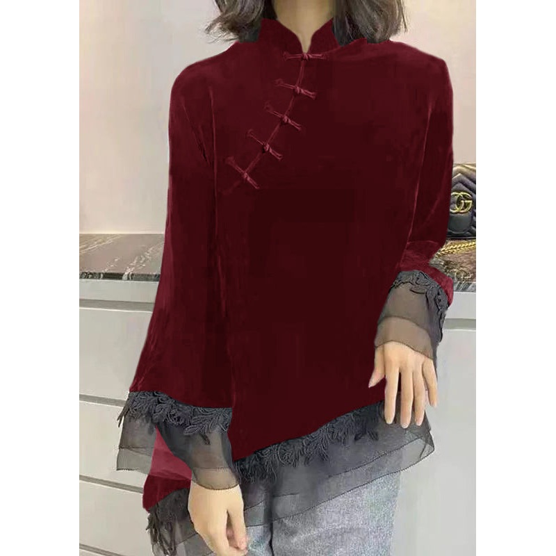 Vintage Red Stand Collar Asymmetrical Patchwork Velour Shirt Spring