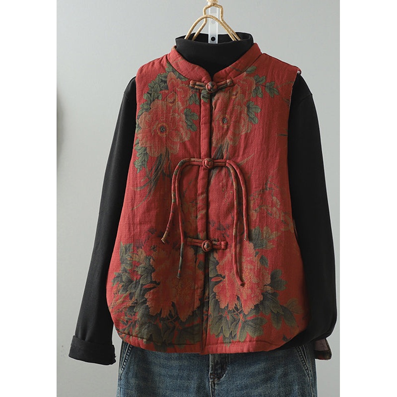 Vintage Red Tassel Print Patchwork Fine Cotton Filled Vest Winter
