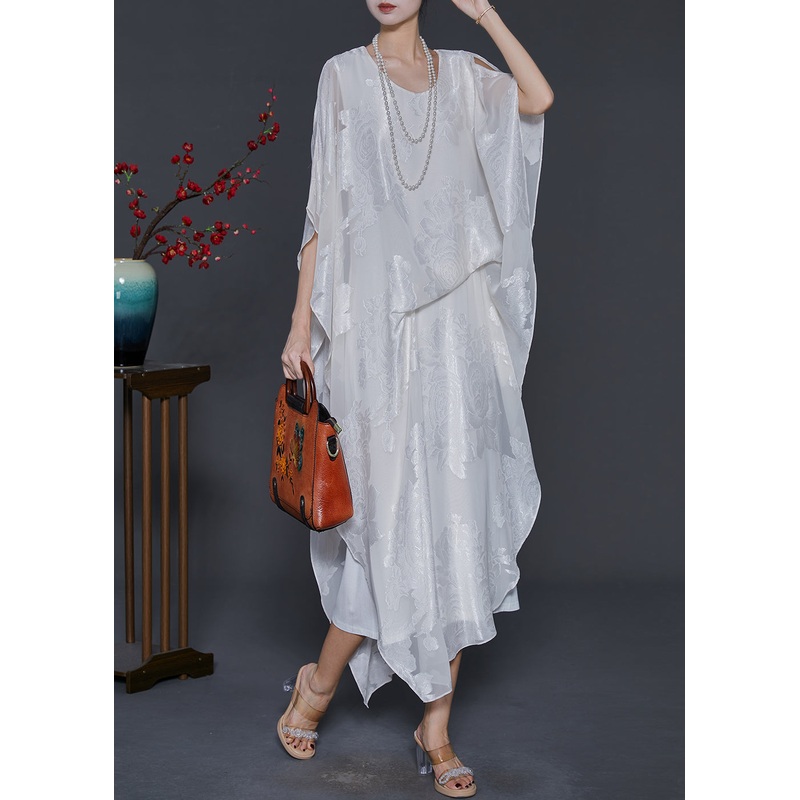White Jacquard Silk Long Dress Cold Shoulder Summer
