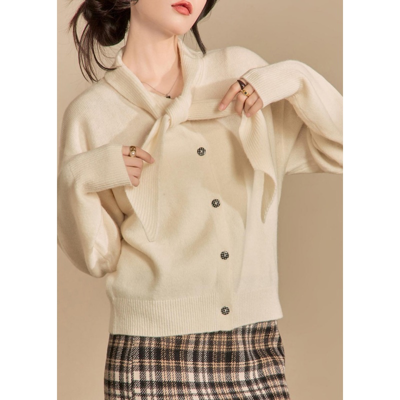 Women Beige Bow Button Solid Knit Sweaters Winter