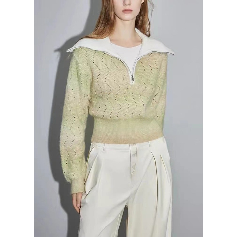 Women Green Zip Up Hollow Out Wool Knit Sweater Spring