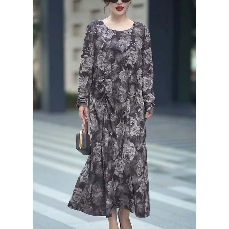 Women Grey O Neck Print Cotton Long Dress Spring