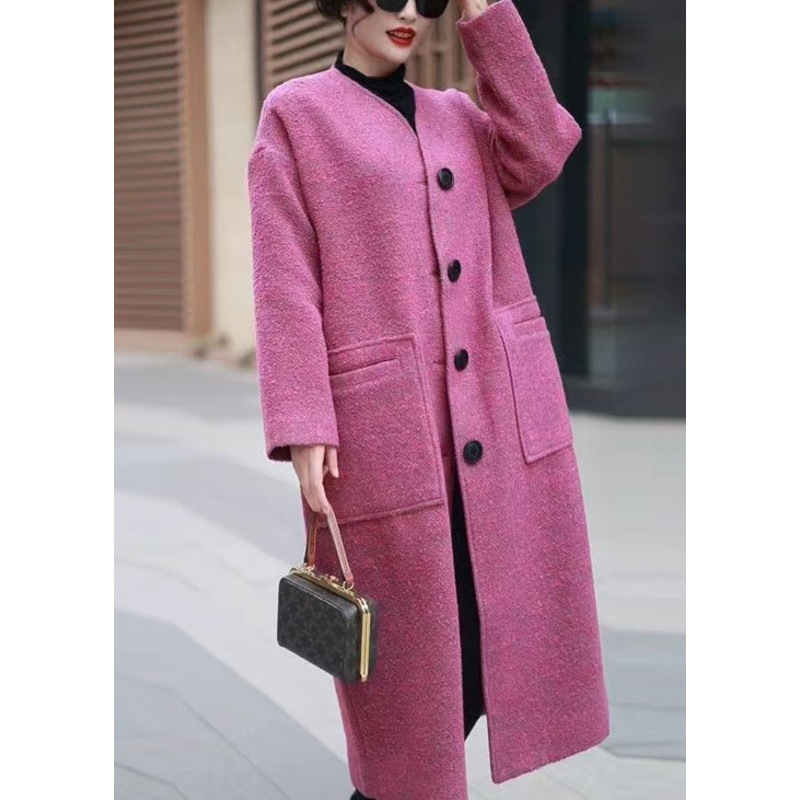 Women Pink Pockets Back Side Open Woolen Coats Winter