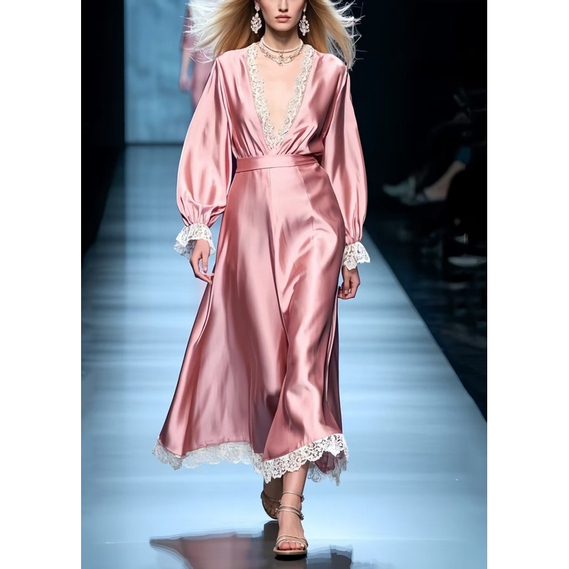 Women Pink V Neck Patchwork Lace Holiday Dress Spring