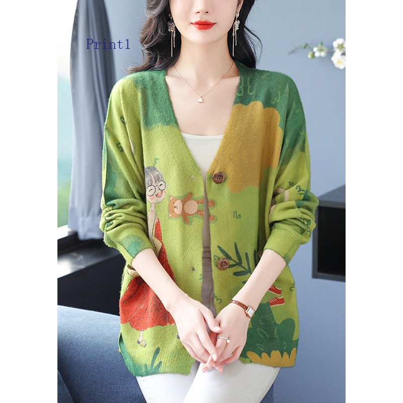 Women V Neck Print Pockets Woolen Cardigans Spring