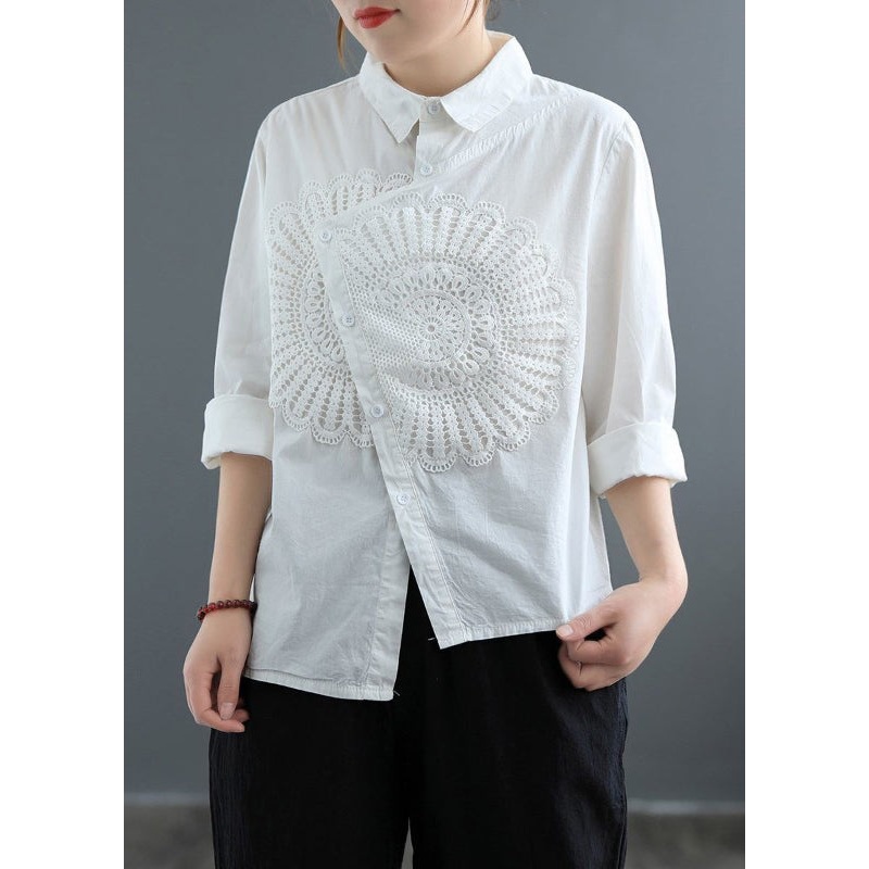 Women White Asymmetrical Patchwork Lace Blouses Spring