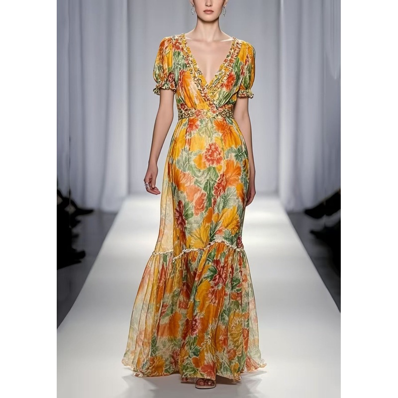 Women Yellow Ruffled Print Chiffon Dresses Summer