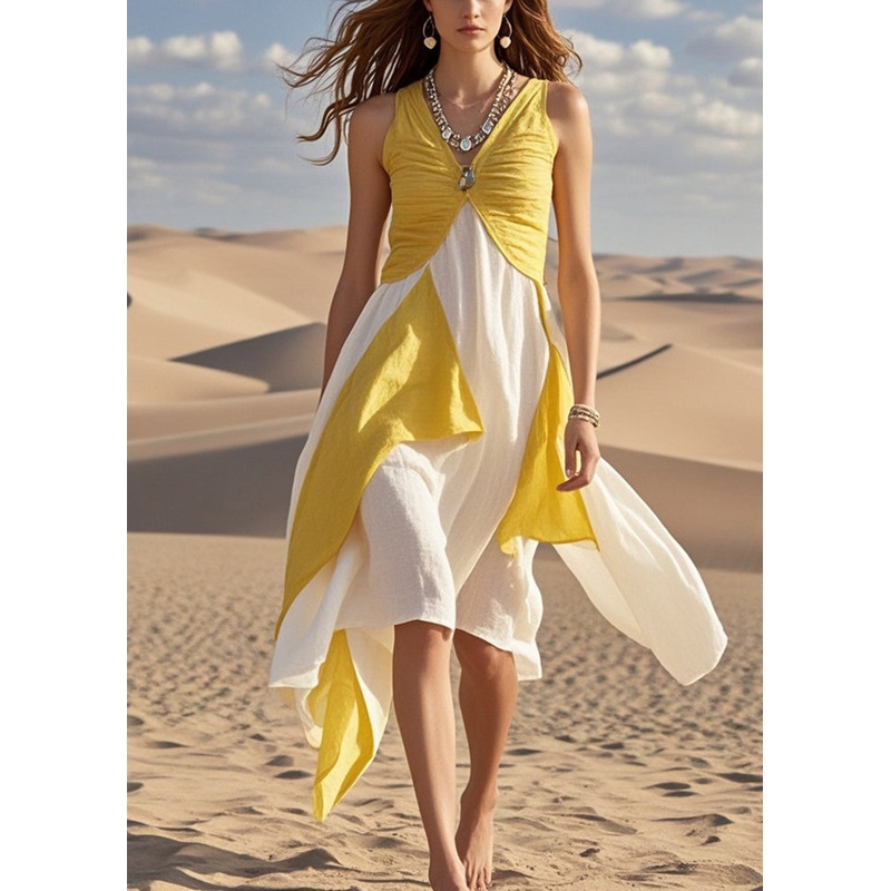 Yellow Patchwork Cotton Cami Dresses Asymmetrical Summer