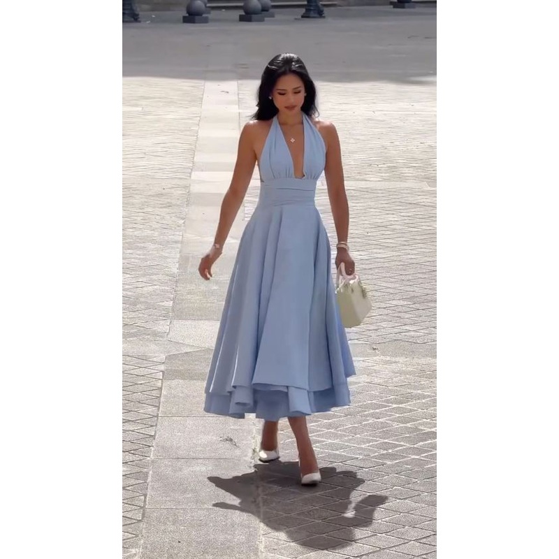 A Line Halter Neck Blue Prom Dresses J5714