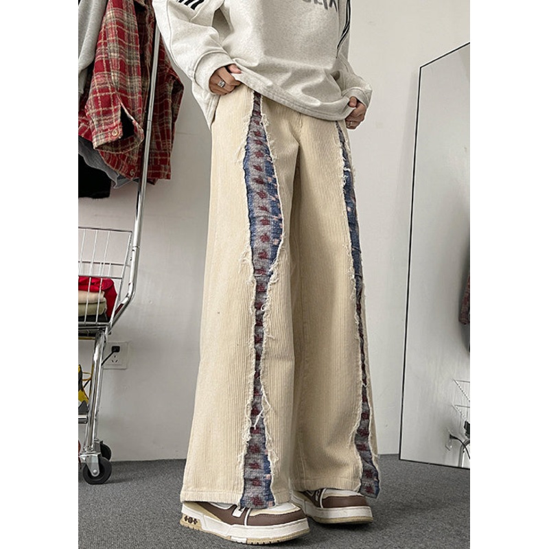 Apricot Pockets Patchwork Corduroy Men Wide Leg Pants Elastic Waist