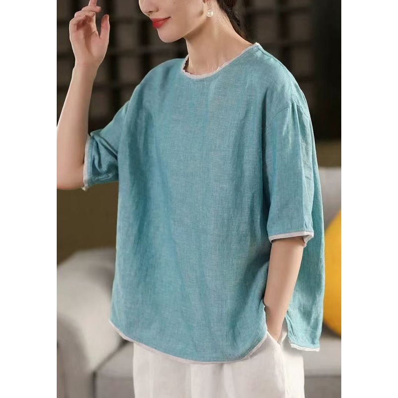 Art Blue O-Neck Patchwork Linen Tank Tops Half Sleeve