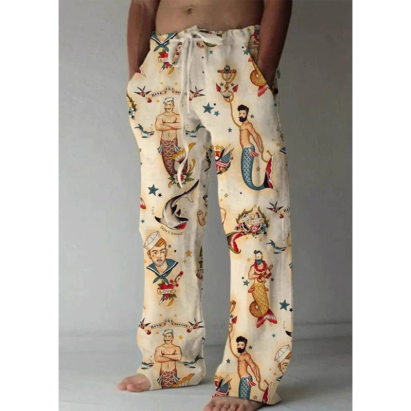 Art Khaki Print Pockets Elastic Waist Cotton Mens Pants Summer