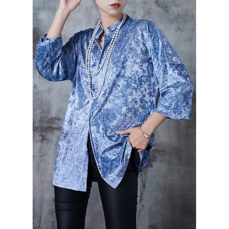 Art Light Blue Stand Collar Print Silk Velour Shirt Spring