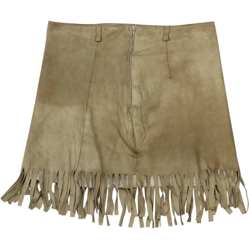 Beige Leather Fringed Mini Skirt