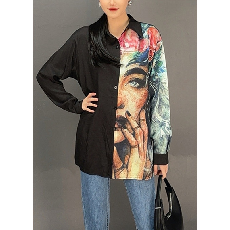 Black Button Print Shirts Asymmetrical Lantern Sleeve