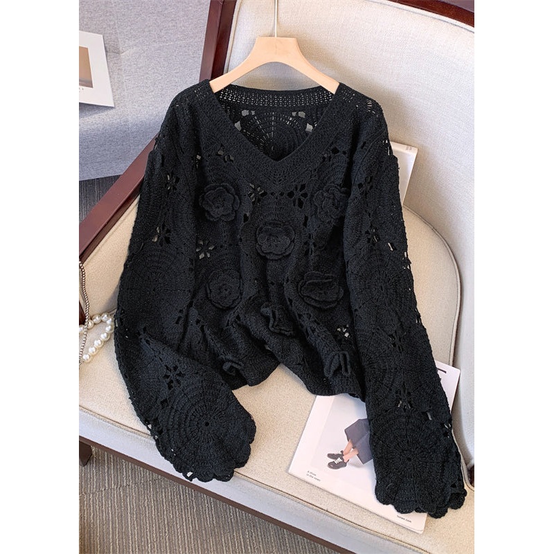 Black Three-dimensional Floral Knit Pullover Hollow Out Fall