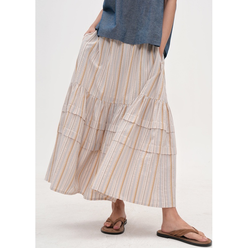 Bohemian Apricot Striped Patchwork Cotton Skirt Summer
