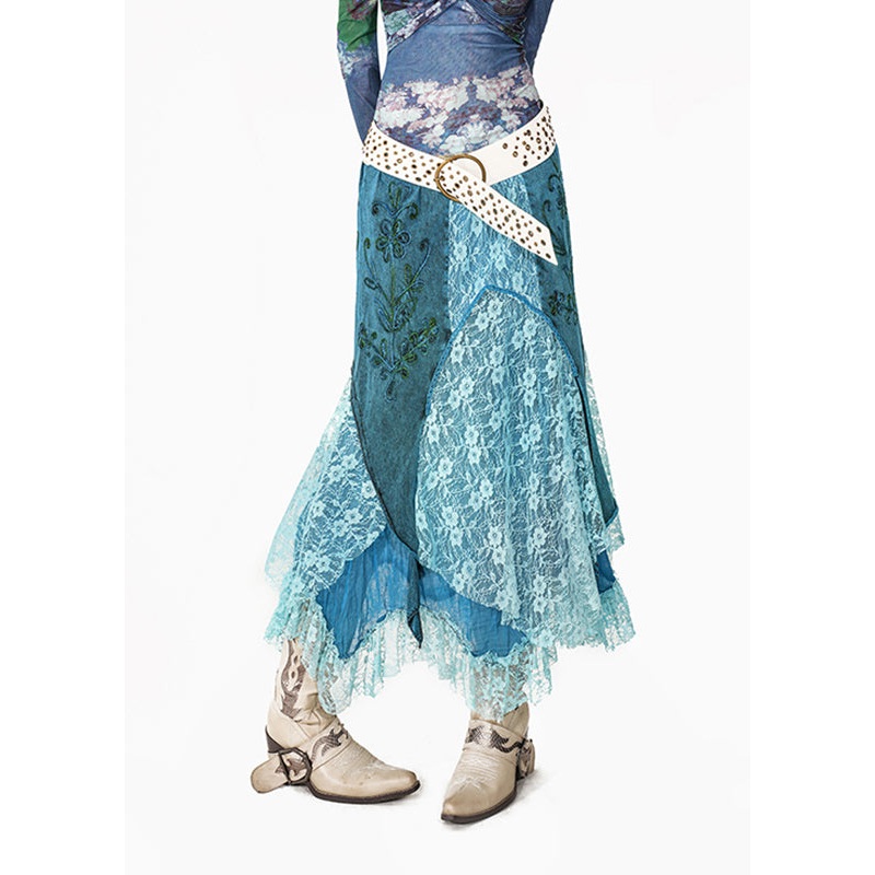 Bohemian Blue Lace Patchwork A Line Skirts