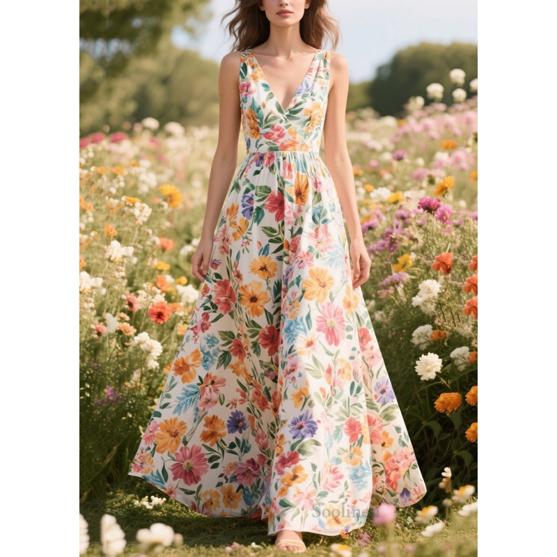 Bohemian Flower Print Exra Large Hem Chiffon Cami Dress Summer