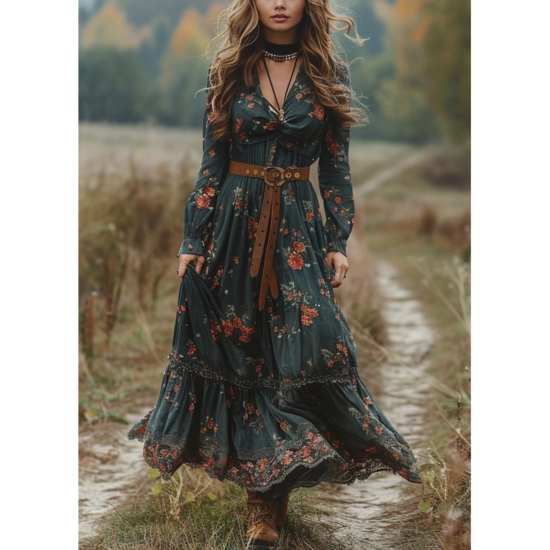 Boho Green V Neck Print Patchwork Cotton Maxi Dresses Spring