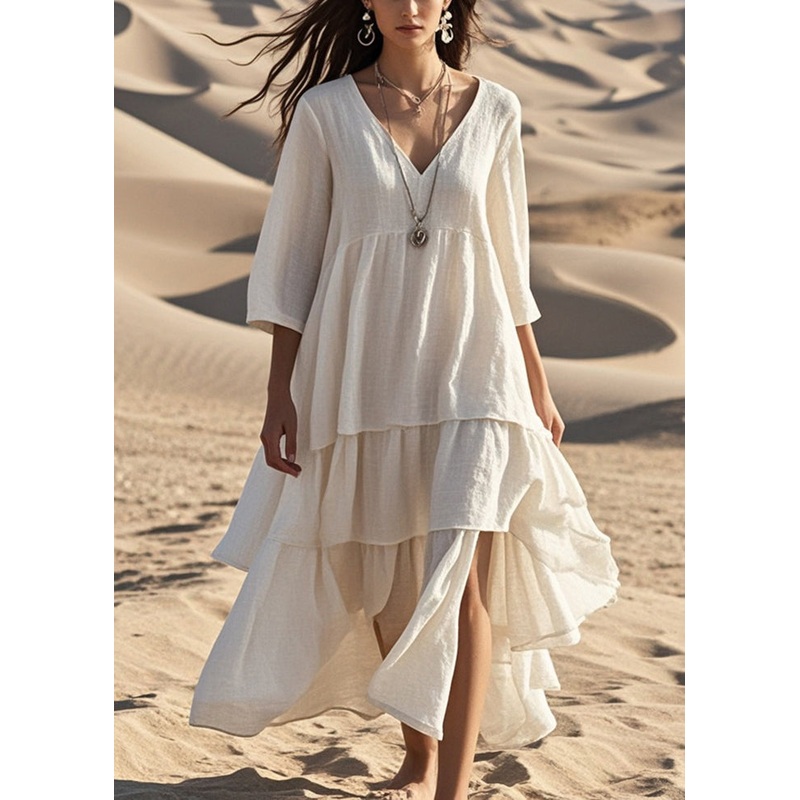 Boho White Oversized Side Open Cotton Dress Bracelet Sleeve