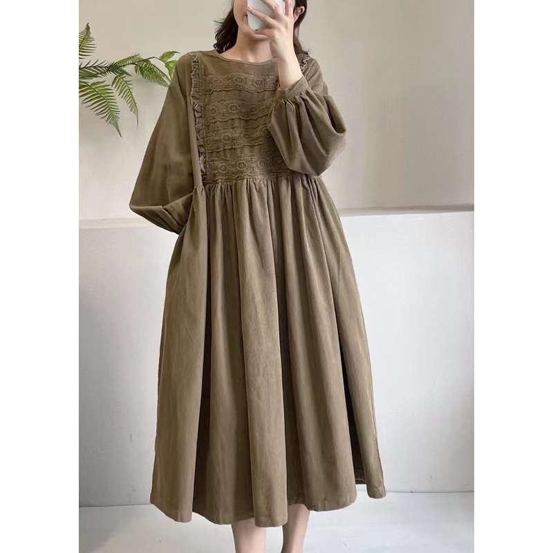 Boutique Khaki Embroidered Corduroy Maxi Dress Spring