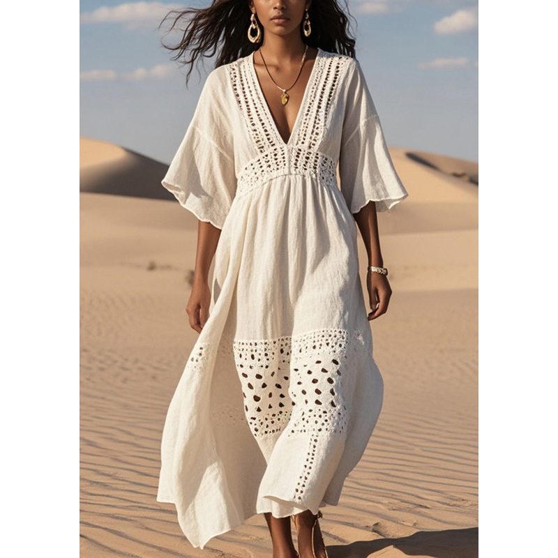 Boutique White Hollow Out Patchwork Cotton Long Dress Summer