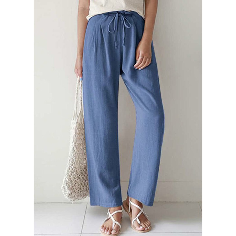 Casual Blue Pockets Lace Up Cotton Pants Summer