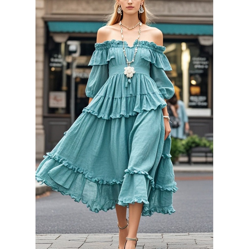 Casual Blue Ruffled Cold Shoulder Cotton Dress Summer