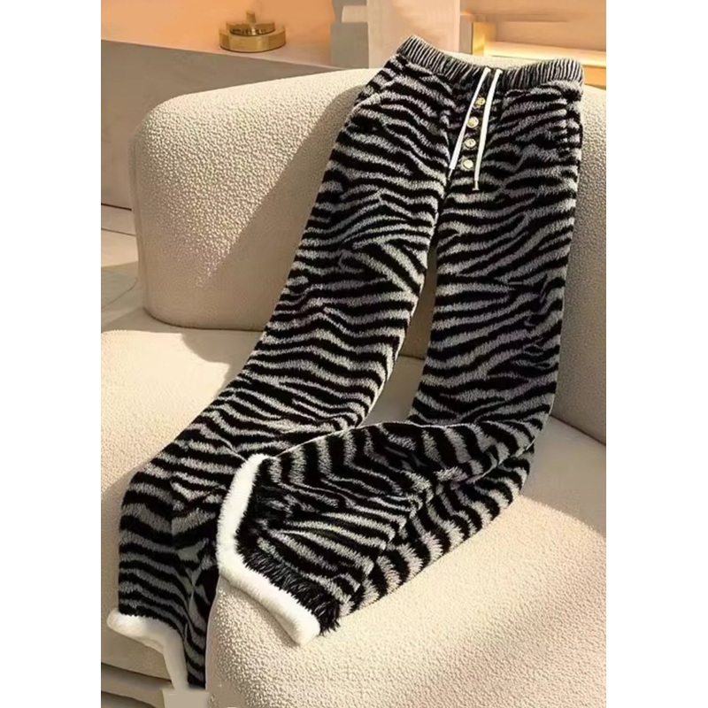 Chic Zebra Pattern Lace Up Elastic Waist Fluffy Pants Spring