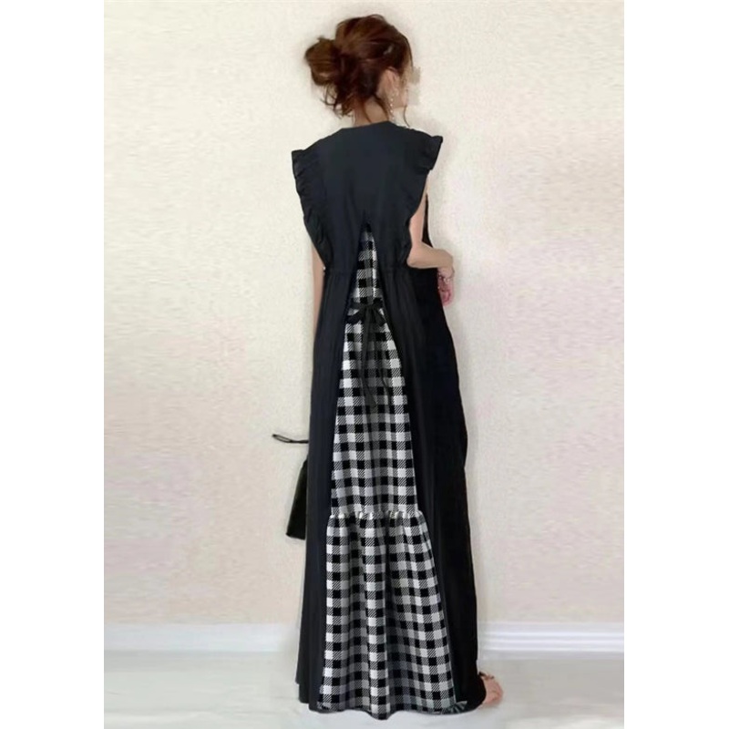 Classy Black Ruffled Patchwork Cotton Tunic Dress Sleeveless