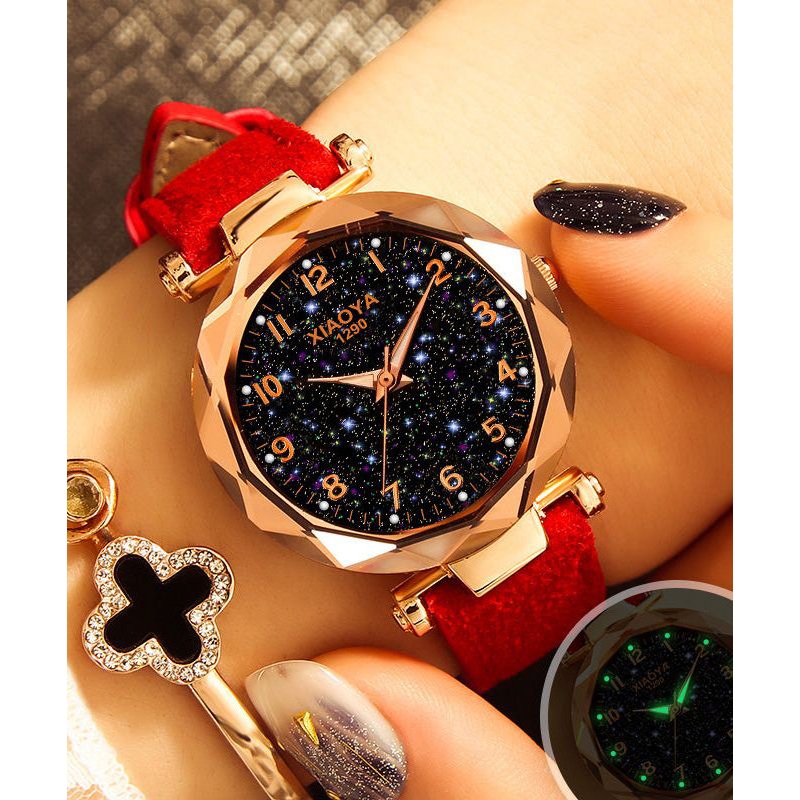 Classy Red Leather Starry Sky Waterproof Luminous Watch
