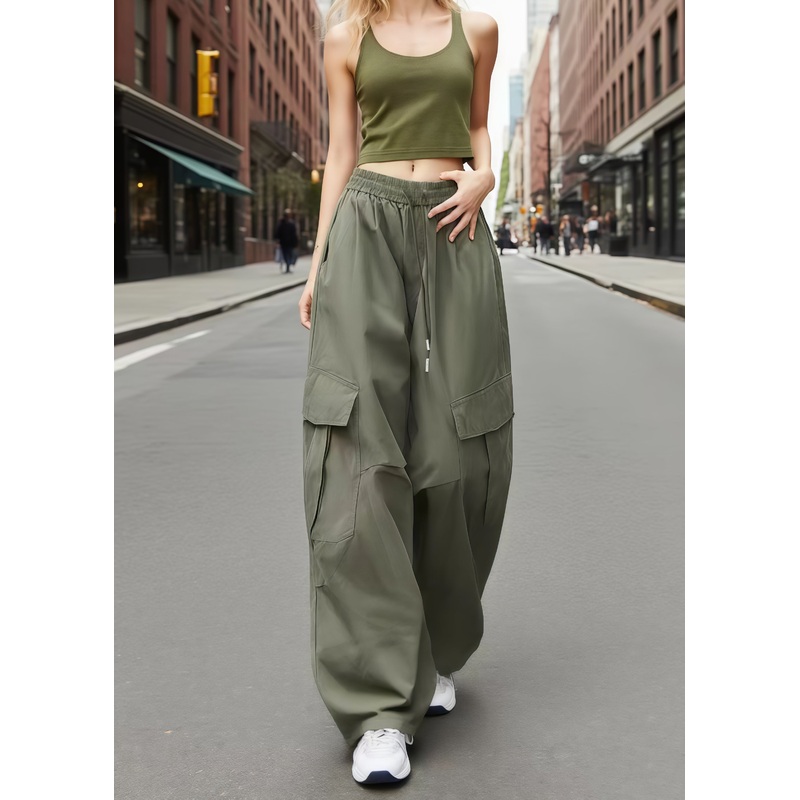 Cool Army Green Oversized With Pockets Cotton Pants Fall