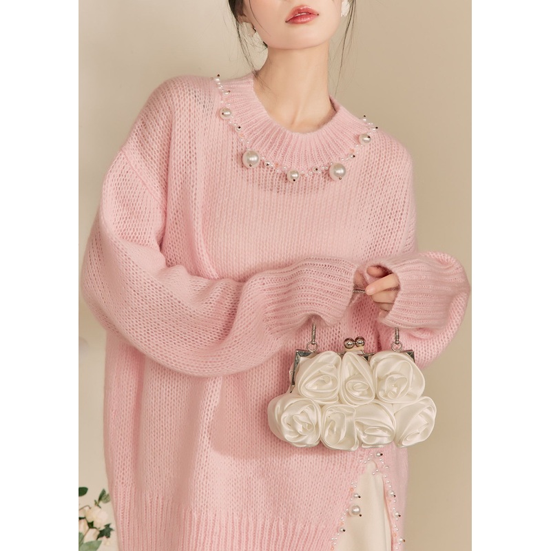 Cute Pink O-Neck Nail Bead Thick Cotton Knit Sweaters Spring