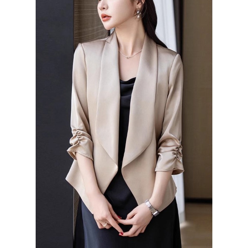 Elegant Champagne Peter Pan Collar Wrinkled Satin Coats Spring