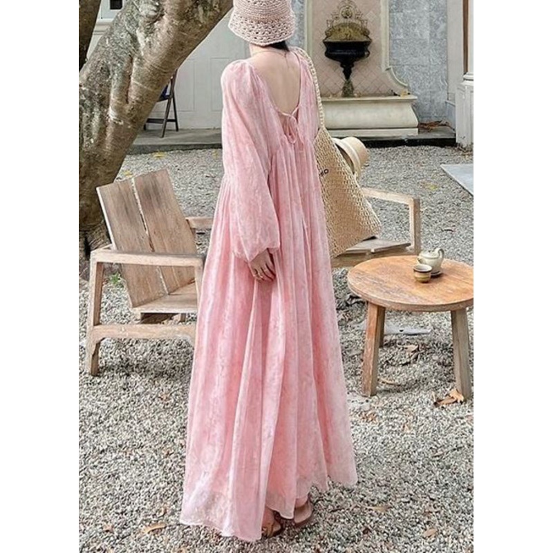 Elegant Pink Print Wrinkled Lace Up Chiffon Long Dress Fall
