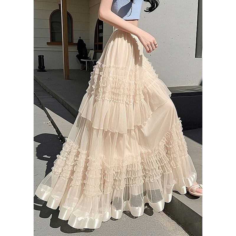 Fashion Apricot Ruffled Elastic Waist Tulle Maxi Skirts Summer