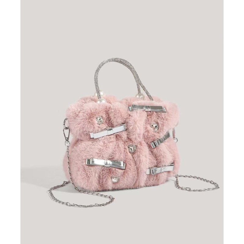 Fashion Pink Bow Zircon Fuzzy Fur Tote Handbag