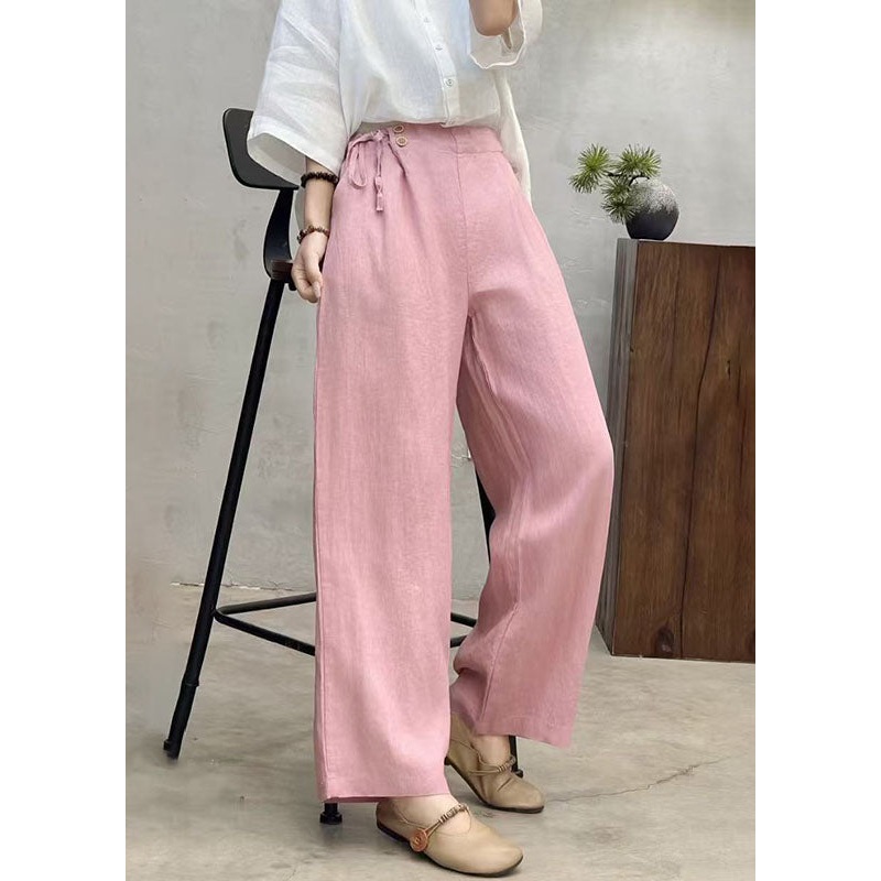 Fashion Pink Side Tie Waist Linen Pants Summer