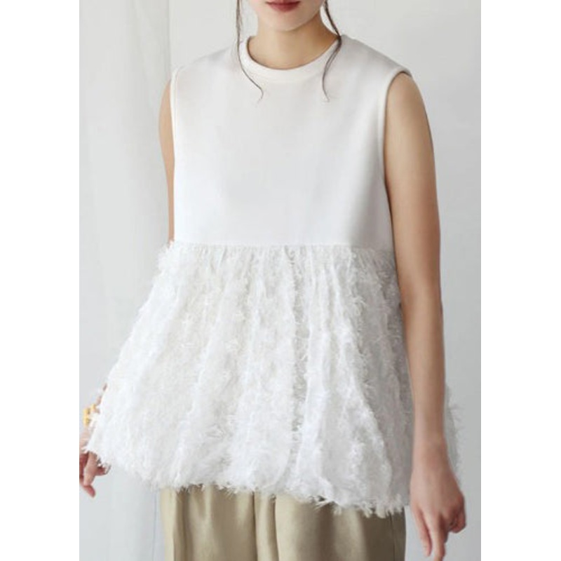 Fashion White Tasseled Patchwork Cotton Tops Sleeveless