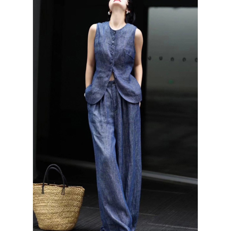 Fine Blue O Neck Button Denim Two Pieces Set Sleeveless
